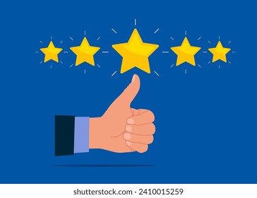 Hand thumb up for success or good feedback. Customer review rating and client feedback concept. Modern vector illustration in flat style