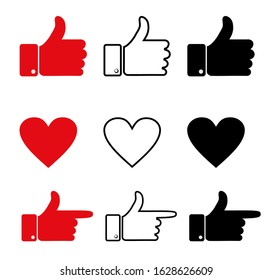 The hand with the thumb up. Like and Heart icon. Approval icon. Social nets like  heart web buttons. Vector illustaration.
