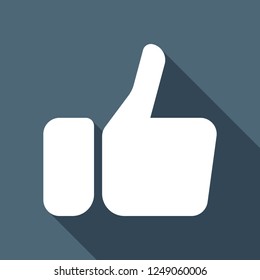 Hand with thumb up, like icon. White flat icon with long shadow on blue background