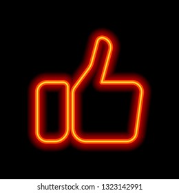 Hand with thumb up, like icon. Orange neon style on black background. Light icon
