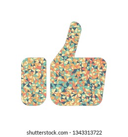 Hand with thumb up, like icon. Colored mosaic with polygons
