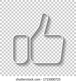 Hand with thumb up, like icon. White outline sign with shadow on transparent background