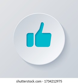Mano con el pulgar hacia arriba, como un ícono. Cortar círculo con capas grises y azules. Estilo de papel