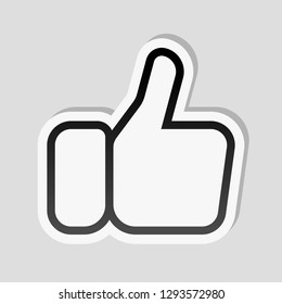 Hand with thumb up, like. Linear outline icon. Sticker style with white border and simple shadow on gray background