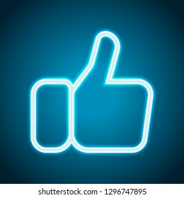 Hand with thumb up, like. Linear outline icon. Neon style. Light decoration icon. Bright electric symbol