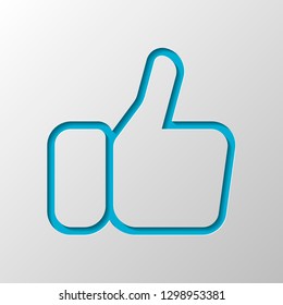 Hand with thumb up, like. Linear outline icon. Paper design. Cutted symbol with shadow