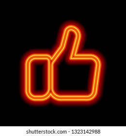 Hand with thumb up, like. Linear outline icon. Orange neon style on black background. Light icon