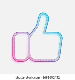 Hand with thumb up, like. Linear outline icon. Colored logo with diagonal lines and blue-red gradient. Neon graphic, light effect