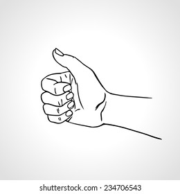 Hand with thumb up, like sign, approval gesture. Outline vector