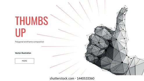 Hand, Thumb up. Low poly wireframe style. Concept voting or endorsements or Like. Abstract isolated on white background. Particles are connected in a geometric silhouette