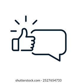 Hand thumb up, message. Positive comment concept. Vector linear icon isolated on white background.