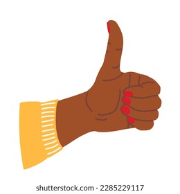 Mano con pulgar arriba. Positivo como, bien gesto, expresar satisfacción, acuerdo, aprobación. Buena retroalimentación. Ilustración vectorial de caricatura plana aislada en blanco