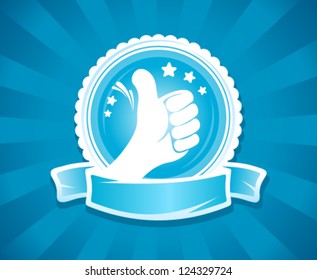 Hand thumbs up emlbem for best of the best with place for text on a ribbon.