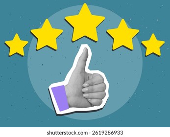 Hand with thumbs up gesture and five yellow stars - concept of excellent rating. Vector illustration