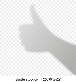 Hand thumbs up gesture shadow overlay on transparent background. Natural light effect on wall. Realistic vector illustration. EPS 10.