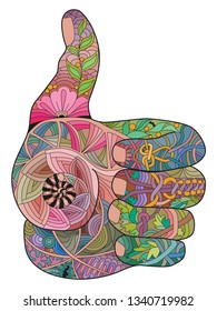 Hand thumbs up icon zentangle styled with clean lines for anti stress, t-shirt design, tattoo and other decorations