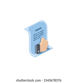 Hand thumbs up, Certificate. Vector 3d isometric, color web icon, new flat style. Creative illustration design, idea for infographics.
