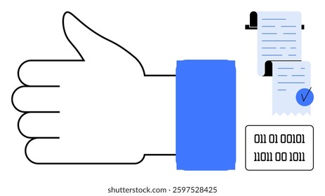 Hand with a thumbs-up sign, document with a check mark, and binary numbers. Ideal for digital approval, verification, online consent, blockchain security, and data encryption. Simple vector style
