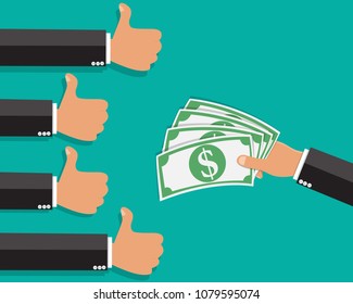 hand thump up sign  with hand holding money , Thump up like vote for banknote money paying - Vector illustration.