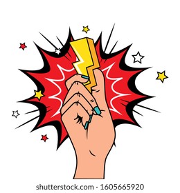 hand with thunderbolt and explosion pop art style icon vector illustration design