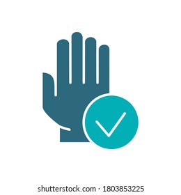Mano con icono de marca de verificación de marca de graduación. Higiene, símbolo de protección humana