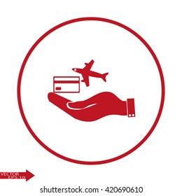 hand and ticket. hand holding a airplane symbol.