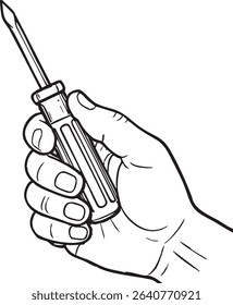 A hand tightly grips a flathead screwdriver. Black and white line art illustration, suitable for DIY or manual labor themes.