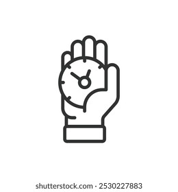 Hand time, in line design. Hand time, time management, hour hand, clock, timekeeping, watch, deadline on white background vector. Hand time editable stroke icon