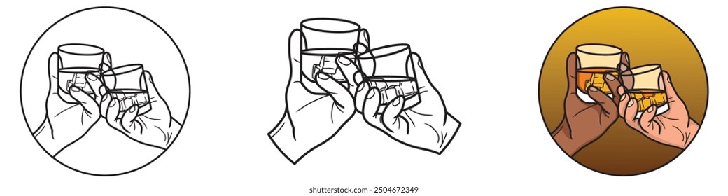 Hand Toasting Glass is an illustration of two pair hands toasting glass in bar. It can be use for t shirt design, bar background, product, etc.