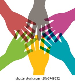 Hand together. Hands of teamwork. Group of people in team. Concept of community and success. Connect of hands for support and cooperation in team. Social help. Symbol of partnership, charity. Vector.