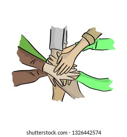 hand together with help vector illustration with black lines isolated on white background. Volunteer concept.