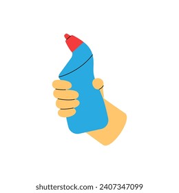 Hand with toilet cleaner. Cleaning service tool. Housekeeping service equipment. Vector illustration.