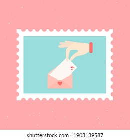 Hand took out of the mail envelope greeting card with  hearts.  Cute and romantic hand-drawn post stamp.  Love and Valentines day concept. Designs for greeting cards, print, web