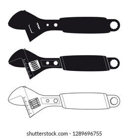 Hand tool adjustable wrench black and white vector Illustration