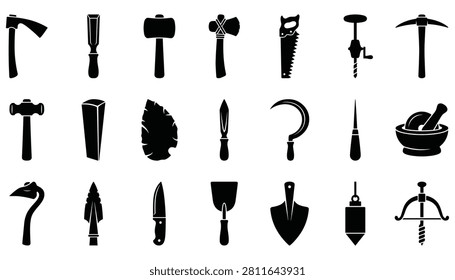 Hand tool and antique equipment icon set with handtools equipment construction