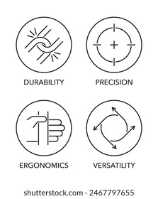 Hand tool characteristics and benefits icons set. Ergonomics, Versatility, Durability and Precision. Pictograms for labeling in thin line