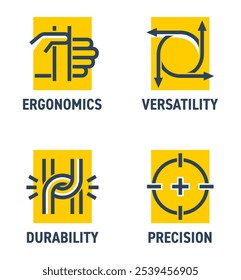 Hand tool characteristics and benefits icons set. Ergonomics, Versatility, Durability and Precision. Pictograms for labeling in bold line and square shape