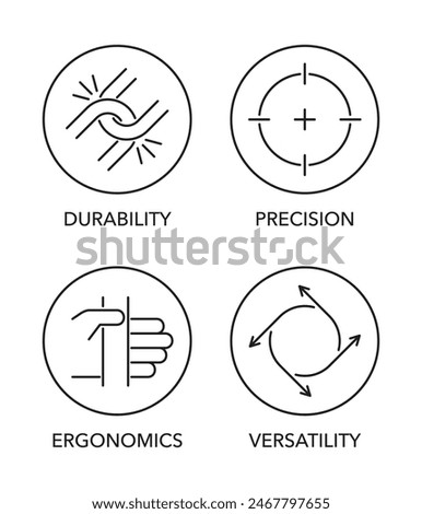 Hand tool characteristics and benefits icons set. Ergonomics, Versatility, Durability and Precision. Pictograms for labeling in thin line