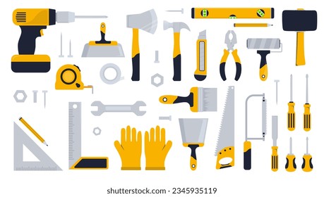 Hand tool collection - Set of vector illustrations of construction and carpenter tools. Flat design in yellow colour on white background