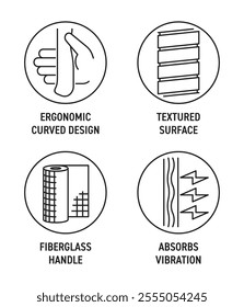 Hand tool handle benefits icons set - Ergonomic curved design, Textured surface, Fiberglass material, Absorbs vibration. Pictograms for labeling for hammer, screwdriver or any other tool. in thin line