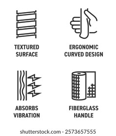 Hand tool handle benefits icons set - Ergonomic curved design, Textured surface, Fiberglass material, Absorbs vibration. Pictograms for labeling for hammer, screwdriver or any other tool. In bold line