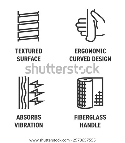 Hand tool handle benefits icons set - Ergonomic curved design, Textured surface, Fiberglass material, Absorbs vibration. Pictograms for labeling for hammer, screwdriver or any other tool. In bold line
