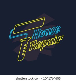 Hand tool for home renovation and construction. Linear House repair poster. Vector illustration and template.