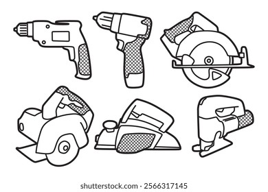 hand tool icon collection, power tools, black and white simple lines