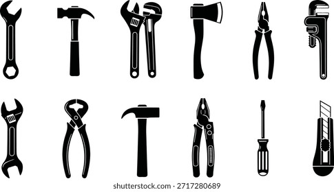 Handwerkzeug-Symbolsatz, schwarze Silhouette, Vektorgrafiken von Baumaschinen, Reparaturwerkzeugen, Wartungsgeräten, perfekt für DIY-Grafiken, Werkstattbranding, Instruktionsdesign und Inhalte zum Thema Industrie