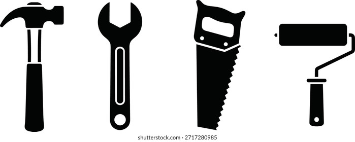 Conjunto de iconos de herramientas de mano, Ilustraciones vectoriales de silueta negra de equipo básico, perfecto para el diseño de construcción, gráficos de bricolaje, imágenes de pintura