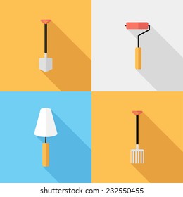 Hand tool icons. Flat design style modern vector illustration. Isolated on stylish color background. Flat long shadow icon. Elements in flat design.