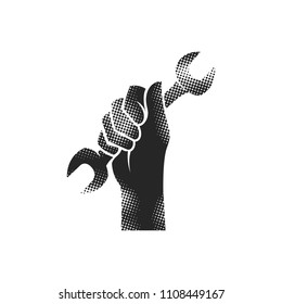 Hand tool icons in halftone style. Automotive vehicle maintenance service. Black and white monochrome vector illustration.