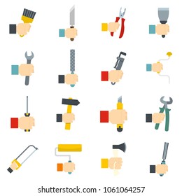 Hand tool icons set building. Flat illustration of 16 hand tool building vector icons isolated on white background