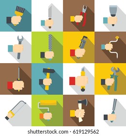 Hand tool icons set building. Flat illustration of 16 hand tool building vector icons for web